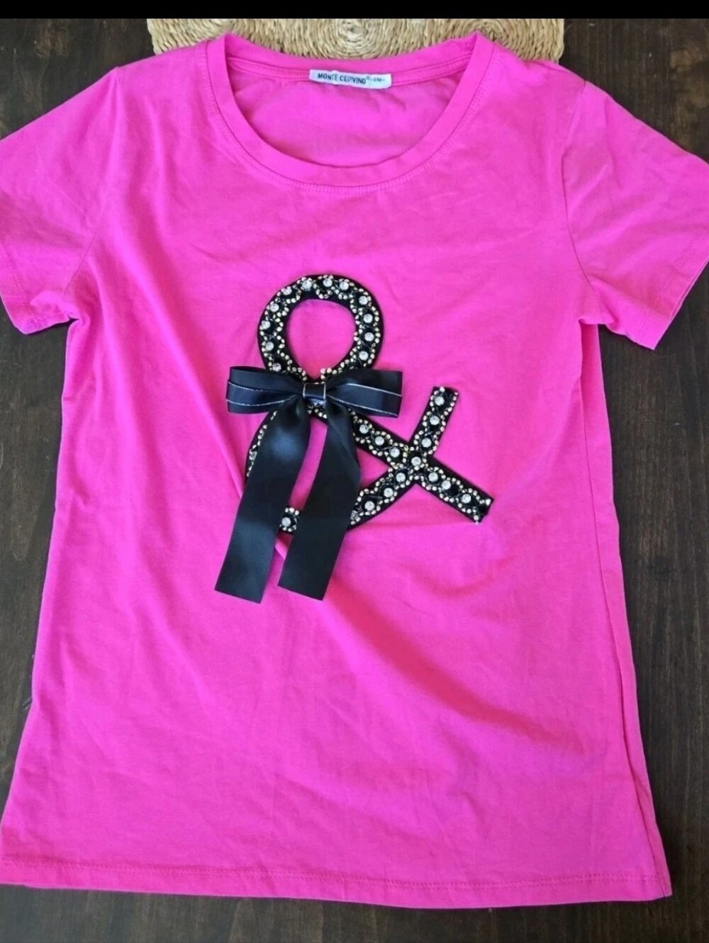Women's Pink T-Shirt Sparkly Ribbon Appliqué Casual Short Sleeve Tee Rhinestone